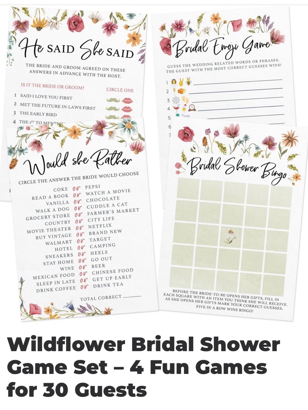 Wildflower Bridal Shower Game Set;
4 Fun Game; 30 person set